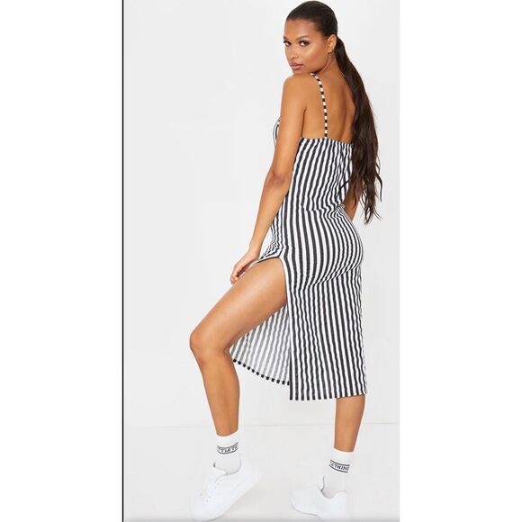 Prettylittlething Black Stripe Jersey Split Cami Midi Dress size 10 - Picture 4 of 15